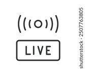 Live Streaming, in line design. Broadcasting, Online streaming, Real-time video, Streaming platform, Video content, Streamer on white background vector. Live Streaming editable stroke icon.