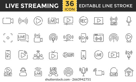 Colección de iconos de trazo editables de píxel perfecto y de contorno para transmisión en vivo, transmisión por Web Video, transmisión por secuencias, transmisión, podcast, televisión, deporte, pantalla del dispositivo