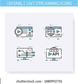 Live streaming line icons set. Online video stream. Blogging and broadcasting technologies. Internet content production. Commercial web video concept. Isolated vector illustrations. Editable stroke 