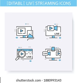 Live streaming line icons set. Online video stream. Blogging and broadcasting technologies. Internet content production. Commercial web video concept. Isolated vector illustrations. Editable stroke 