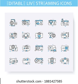 Live streaming line icons set. Online video stream. Blogging and broadcasting technologies. Internet content production. Commercial web video concept. Isolated vector illustrations. Editable stroke 
