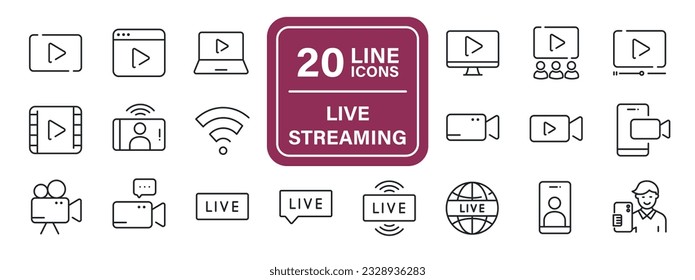 Live streaming line icons. For website marketing design, logo, app, template, ui, etc. Vector illustration.