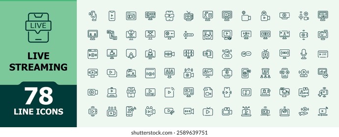 Live streaming linear icon. Includes icons for media, streaming, internet, podcast, web, record and more. Minimalist editable vector stroke. Icons for website.