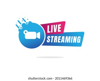 live streaming logo with headphone and microphone isolated on white background.video internet telecommunications icon and button. internet live streaming program. 