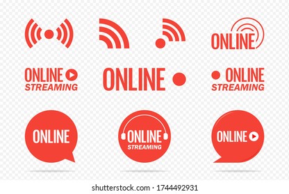 Live streaming logo - red vector design element with play button for news and TV or online broadcasting. Vector illustration.
