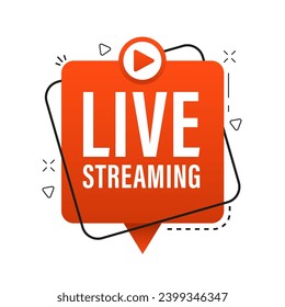Live streaming logo - red vector design element with play button for news and TV or online broadcasting, speech bubble. Vector illustration