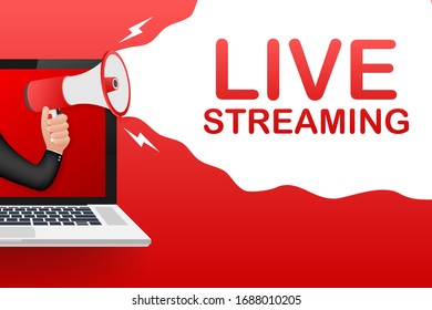 Live streaming, megaphone no laptop screen. Can be used for business concept. Vector stock illustration.