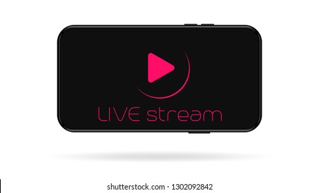 Live streaming  mobile video vector mockup. Minimal play button icon in realistic vector smartphone  frame on dark background. 