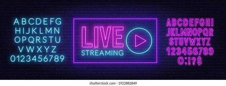 Live Streaming Neon Sign On A Brick Wall Background.