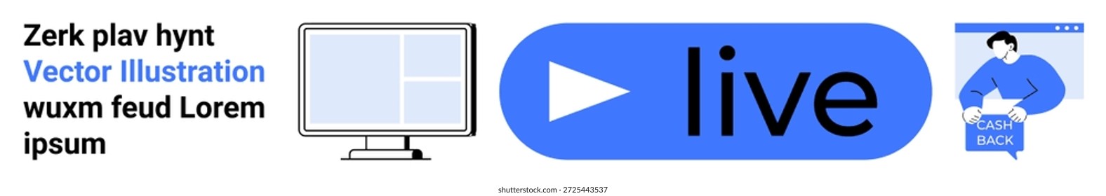 Video Transmisión en vivo, comunicación en línea, seminarios web, contenido, interacción digital, aprendizaje virtual. Botón Video de juego azul y pantalla de la computadora con una persona en una llamada. Transmisión en vivo y en línea