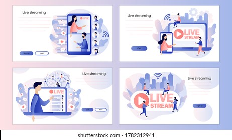 Live streaming. Online video chat. Screen template for mobile smart phone, landing page, template, ui, web, mobile app, poster, banner, flyer. Modern flat cartoon style. Vector illustration 