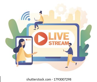 Live streaming. Online video chat. Tiny people that conduct and watch live stream in social networks. Modern flat cartoon style. Vector illustration on white background