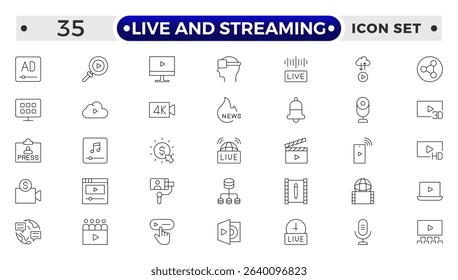 Live and Streaming outline icon set. Live stream, broadcasting online stream. Lower third template for tv, shows, movies and live performance.
