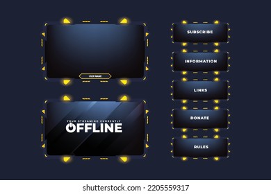 Live streaming overlay design for gamers with dark screen panels. Futuristic stream overlay design with digital buttons. Gaming screen overlay vector with abstract shapes and yellow color.