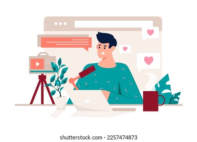 Live streaming pink concept with people scene in the flat cartoon style. Blogger broadcasts live and tells something to his followers. Vector illustration.