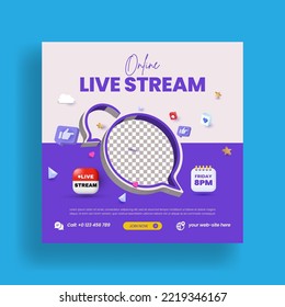 Live streaming post for business marketing social media post banner and live webinar corporate banner with 3d render style blue color flyer or poster template design