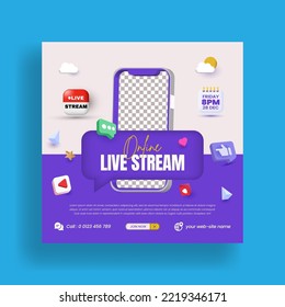 Live streaming post for business marketing social media post banner and live webinar corporate banner with 3d render style blue color flyer or poster template design