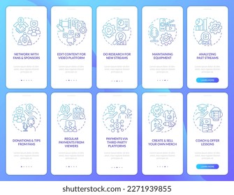 Live streaming production blue gradient onboarding mobile app screen set. Walkthrough 5 steps graphic instructions with linear concepts. UI, UX, GUI template. Myriad Pro-Bold, Regular fonts used