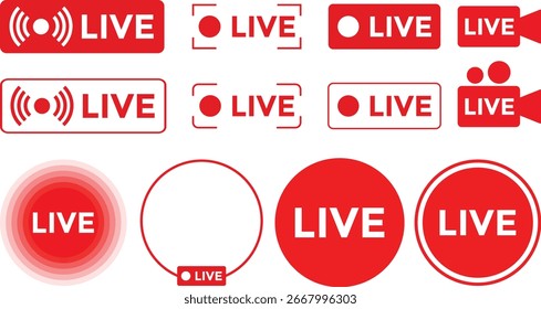 Conjunto de iconos rojos de transmisión en vivo. iconos de transmisión en línea. Botones de transmisión. canal de redes sociales
