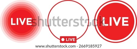 Live streaming red icon set. broadcasting buttons. social media channel. online stream icons
