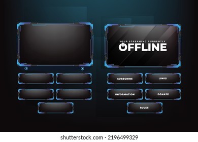 Live Streaming Screen Panel Decoration With Blue And Dark Colors. Online Gaming Overlay With Buttons. Abstract Gaming Overlay Design With Futuristic Style And An Offline Screen. Digital Gaming Overlay