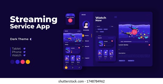 Live streaming service app screen vector adaptive design template. Video blogging application night mode interface with flat characters. Public broadcasting smartphone, tablet, smart watch cartoon UI