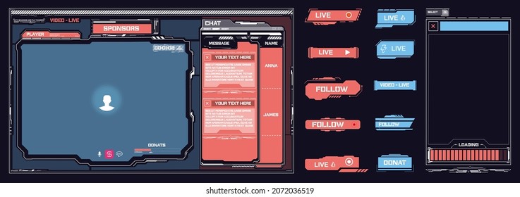 Live streaming service app screen vector adaptive design template. Digital frame technology UI,UX Futuristic Multimedia player HUD, FUI, Virtual Interface. Live streaming button. Live broadcast 