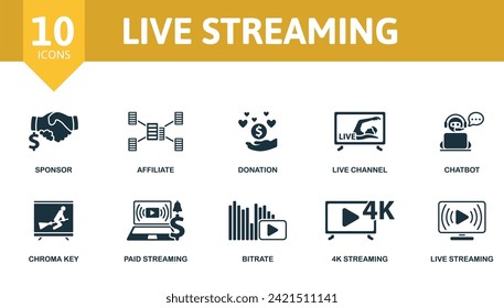 Live streaming set. Creative icons: sponsor, affiliate, donation, live channel, chatbot, chroma key, paid streaming, bitrate, 4k streaming, live streaming.