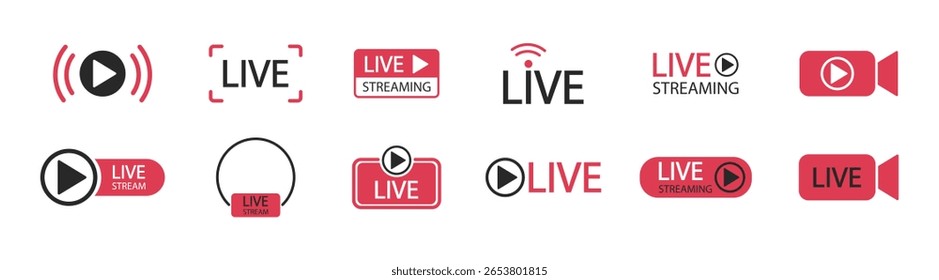Conjunto de streaming ao vivo. Ícones para streaming, transmissão ao vivo, blog, televisão, shows, performances ao vivo, notícias e vários conteúdos de vídeo.