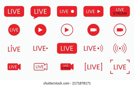 Live Streaming Set Red Icons. Play Button Icon Vector