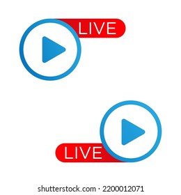 Emisión de streaming en vivo de iconos rojos. Ilustración vectorial de icono azul y rojo del botón Reproducir.