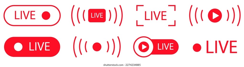 Live streaming set red icons. Play button icon collection. Vector illustration isolated on white background