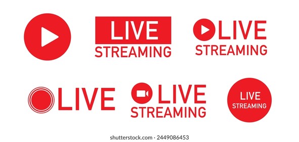 Transmisión en vivo establece iconos rojos. Símbolos y Botones de la Ilustración vectorial de transmisión en vivo