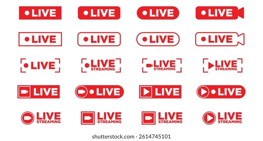 Live streaming set red icons. Symbols and buttons of live streaming Vector illustration