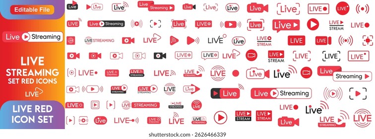Live streaming set red icons. Play button icon vector illustration.