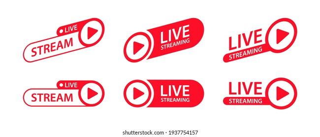 Live streaming. Set of red symbols and buttons of live streaming, broadcasting, online stream and live performances. Vector illustration.