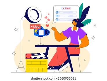 Live Streaming Setup Vector Illustration Featuring People as Online Streamers with Multiple Screens, Microphones, and Headphones in a Flat Background