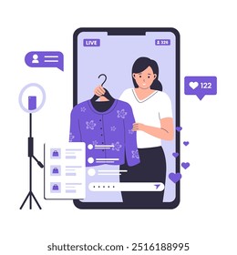 Concepto de ilustración de compras en vivo. Ilustración vectorial plana de moda