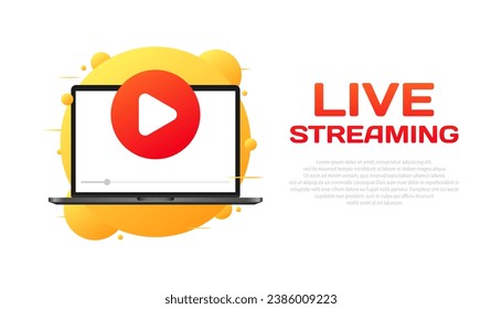 Live streaming sign. Flat, color, laptop screen mockup, play button, live streaming sign. Vector icon