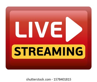 Live streaming sign - red design emblem with play button for news and TV or online broadcasting. Vector illustration. 