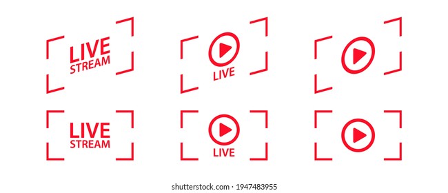 Live streaming signs. Set of red symbols and buttons of live streaming, broadcasting, online stream and live performances. Vector illustration.