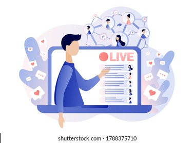 Live streaming. Tiny bloger that conduct live stream in social networks on laptop screen and viewers comment and like. Modern flat cartoon style. Vector illustration on white background