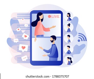 Live streaming.Two tiny blogers that conduct live stream in social networks on smartphone app and viewers comment and like. Modern flat cartoon style. Vector illustration on white background