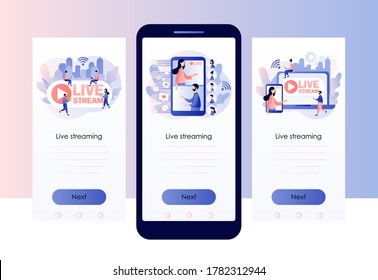 Live streaming. Tiny people watch live stream in social networks. Online video chat. Screen template for mobile smart phone. Modern flat cartoon style. Vector illustration on white background