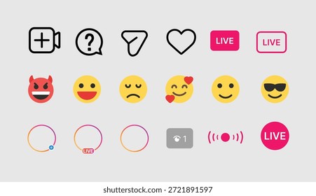 Conjunto de iconos de interfaz de usuario de transmisión en vivo, emojis de reacción, notificaciones y Elementos de interfaz