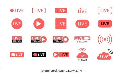 Live streaming vector icons. Red black video buttons podcast live recording. Broadcasting news music games. Online camera text show channel social media