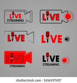 Cámara de video streaming en vivo. Transmisión. Botón de encendido. Iconos de transmisión en vivo configurados. Conjunto de iconos de transmisión en vivo con micrófono. Botones rojos y negros de transmisión en vivo, transmisión en línea