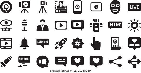 Live streaming and video content creation icon set. Containing cameras, microphones, play buttons, subscribe notifications, hashtags, live badges, rockets, and social media engagement symbols.