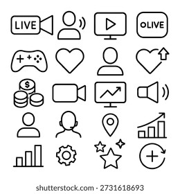 Conjunto de ícones de transmissão contínua ao vivo e interface de vídeo - ícones de linha modernos para mídia social e criação de conteúdo