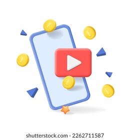 Live streaming video on 3d mobile phone witn money. Social media, streaming channels passive income. vector concept